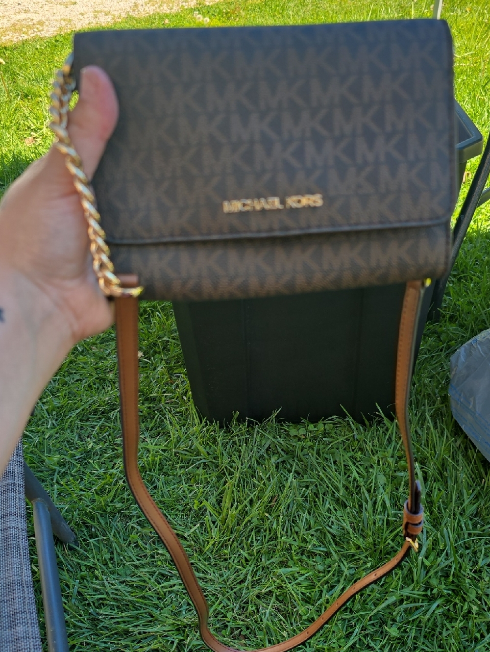Michael Kors Brown Logo-Print Messenger Bag with Gold Hardware